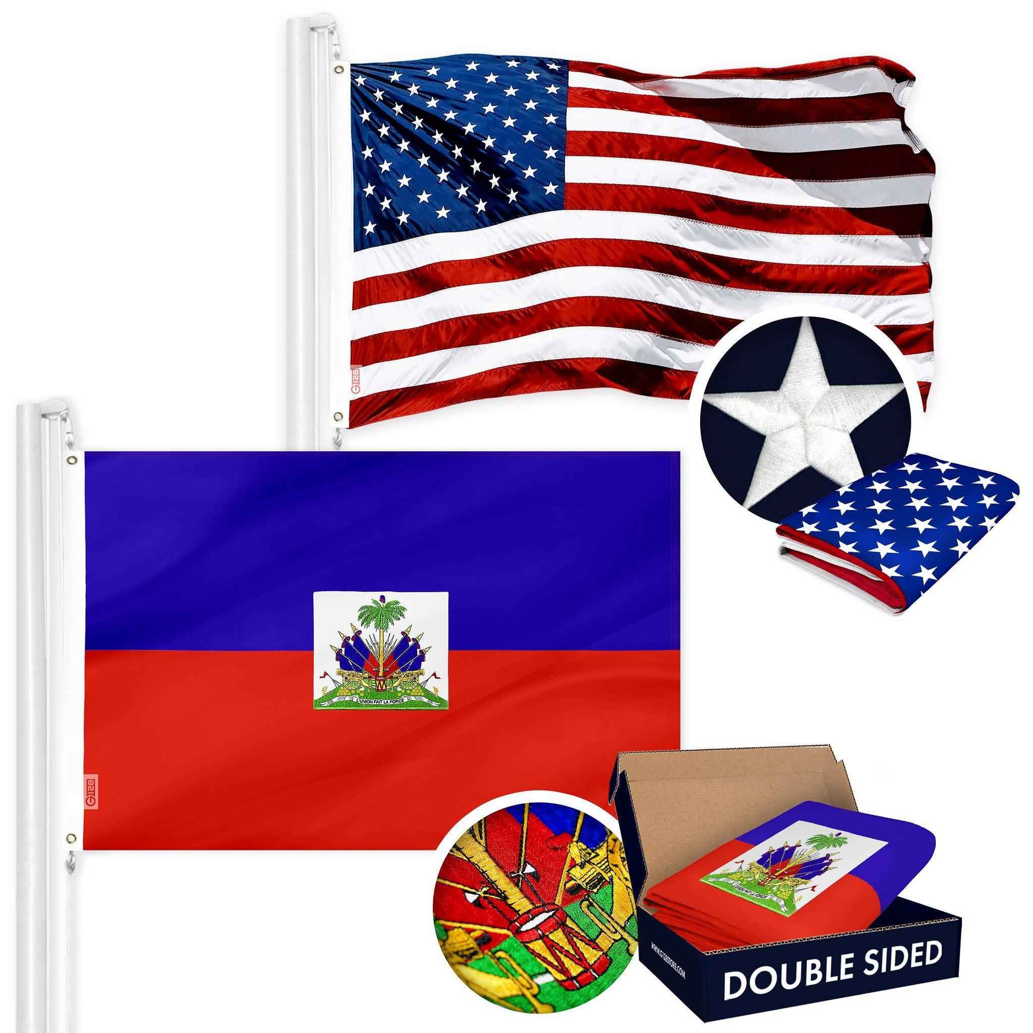 G128 Combo Pack: USA American Flag Single Sided & Haiti Haitian Flag Double Sided 3x5 Ft Embroidered 210D Polyester, Indoor/Outdoor, Brass Grommets