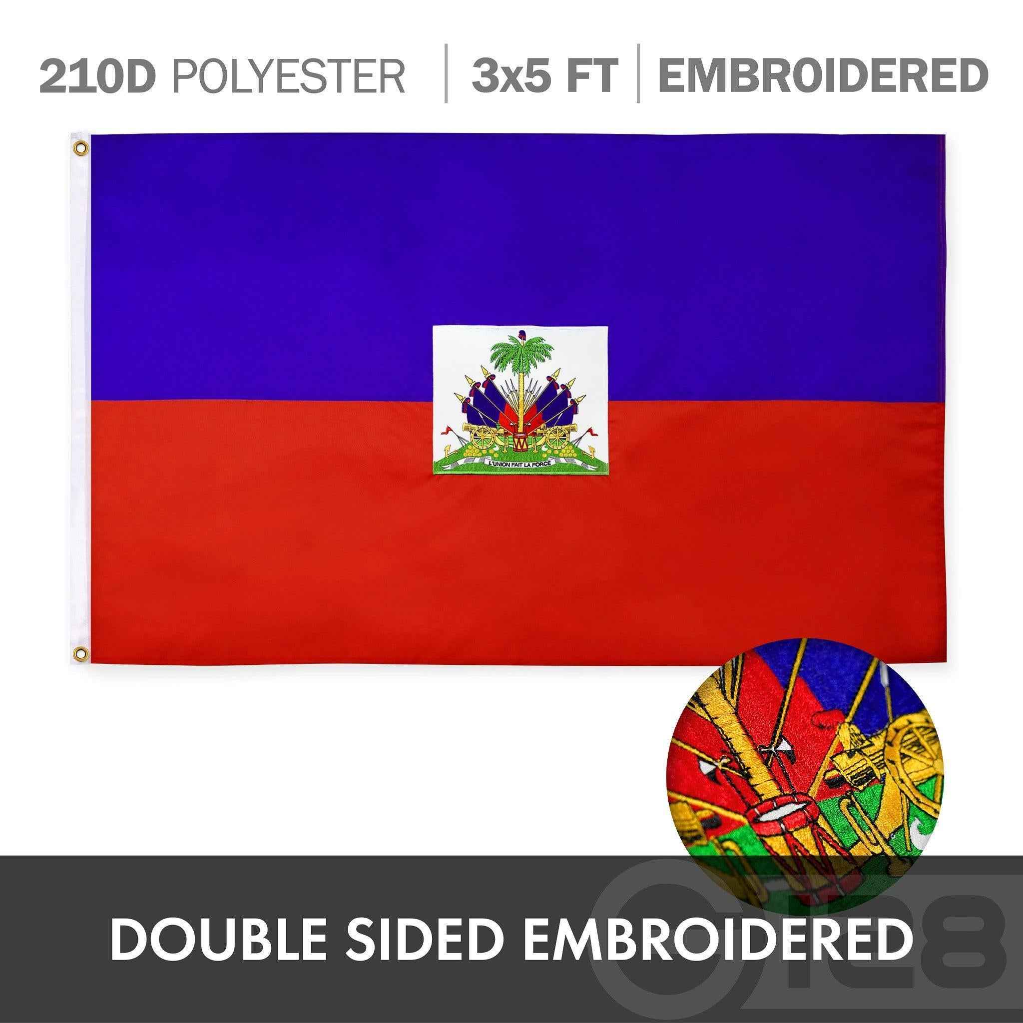 G128 Combo Pack: USA American Flag Single Sided & Haiti Haitian Flag Double Sided 3x5 Ft Embroidered 210D Polyester, Indoor/Outdoor, Brass Grommets