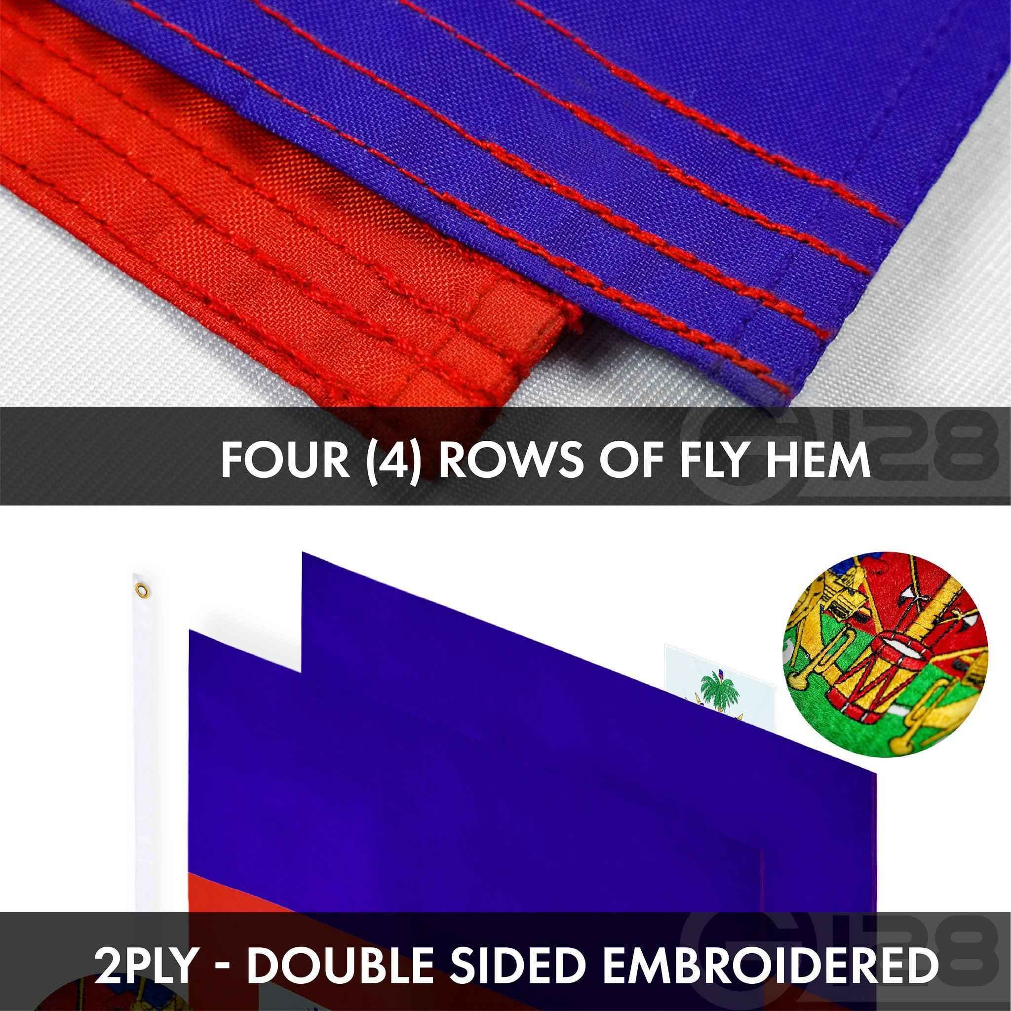 G128 Combo Pack: USA American Flag Single Sided & Haiti Haitian Flag Double Sided 3x5 Ft Embroidered 210D Polyester, Indoor/Outdoor, Brass Grommets