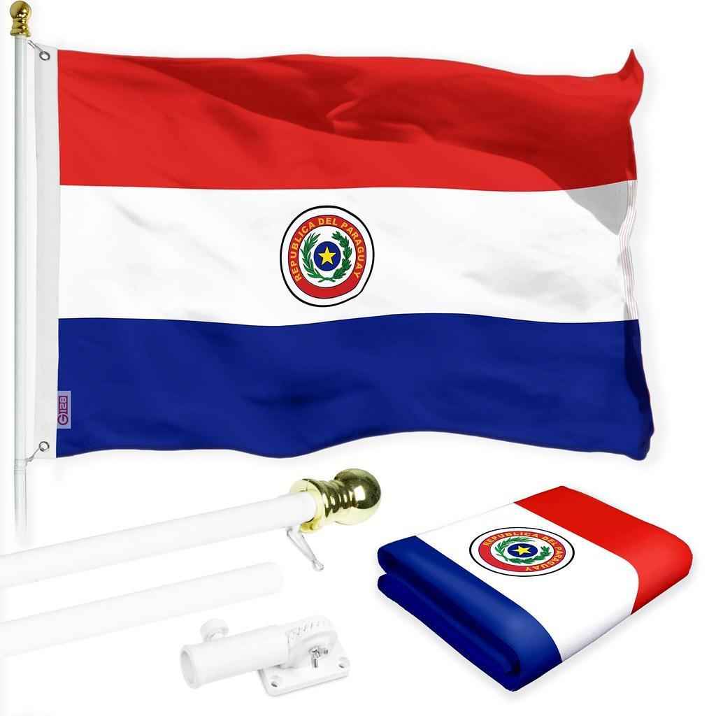 G128 Combo Pack: 6 Ft Tangle Free Spinning Flagpole (White) & Paraguay Flag 3x5 Ft Printed 150D Polyester, Brass Grommets (Flag Included) Aluminum Flag Pole