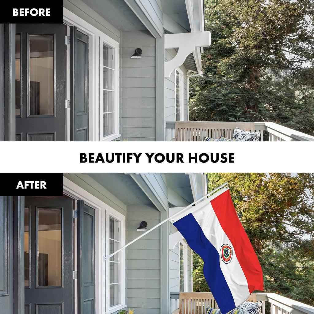 G128 Combo Pack: 6 Ft Tangle Free Spinning Flagpole (White) & Paraguay Flag 3x5 Ft Printed 150D Polyester, Brass Grommets (Flag Included) Aluminum Flag Pole