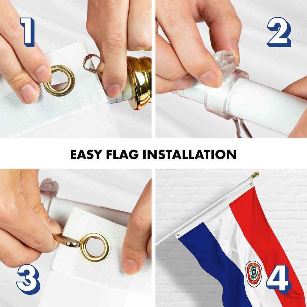G128 Combo Pack: 6 Ft Tangle Free Spinning Flagpole (White) & Paraguay Flag 3x5 Ft Printed 150D Polyester, Brass Grommets (Flag Included) Aluminum Flag Pole