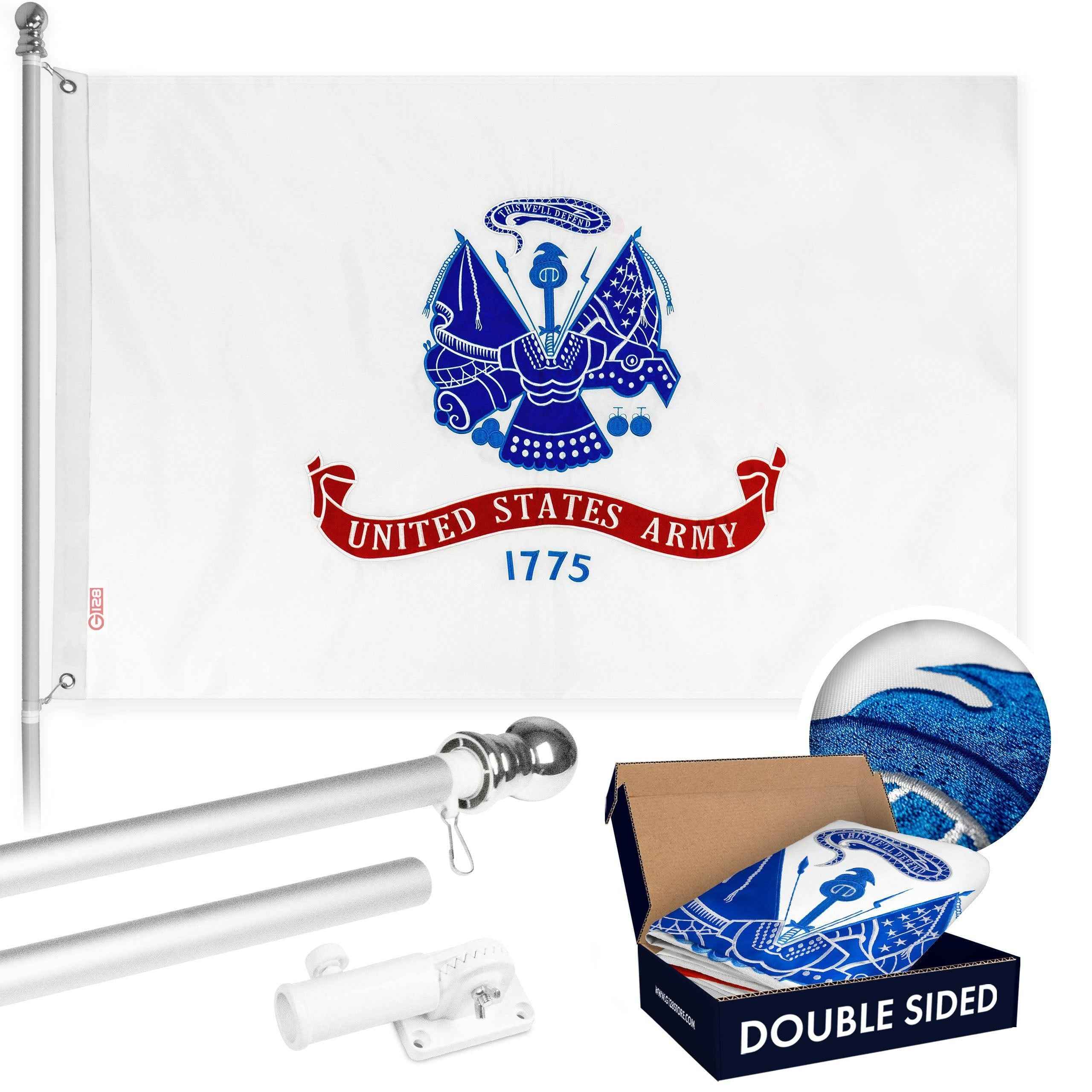 G128 - 6 Feet Tangle Free Spinning Flagpole (Silver) US Army Double Sided Brass Grommets Embroidered 3x5 ft (Flag Included) Aluminum Flag Pole