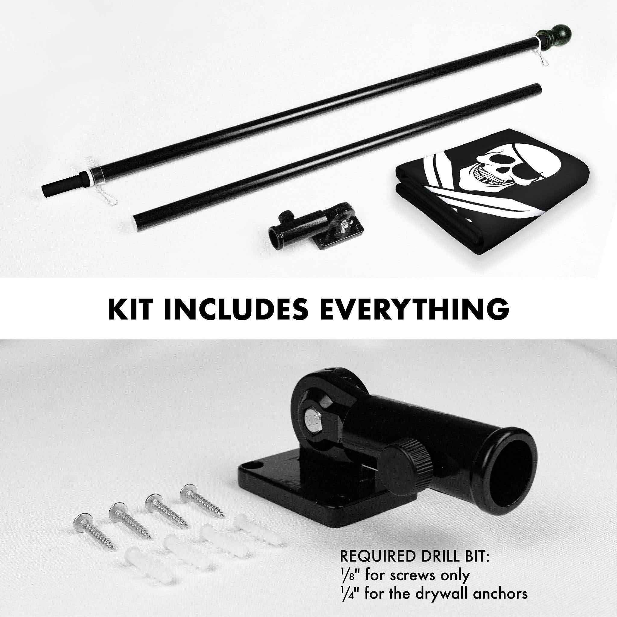 G128 Combo Pack: Flag Pole 6 FT Black Tangle Free & Pirate Jolly Roger Swords Flag 3x5ft 150D Printed Polyester