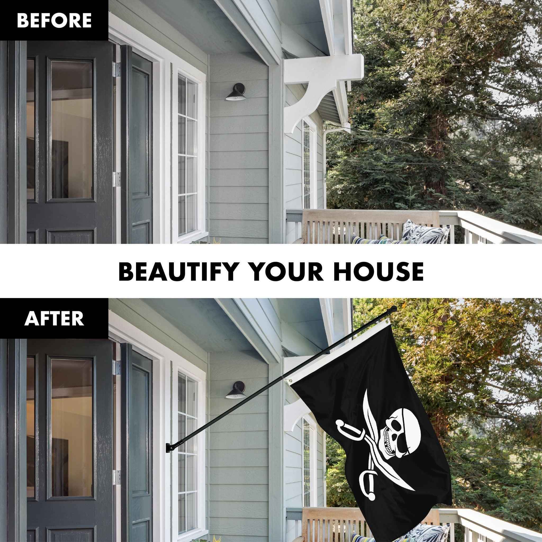 G128 Combo Pack: Flag Pole 6 FT Black Tangle Free & Pirate Jolly Roger Swords Flag 3x5ft 150D Printed Polyester