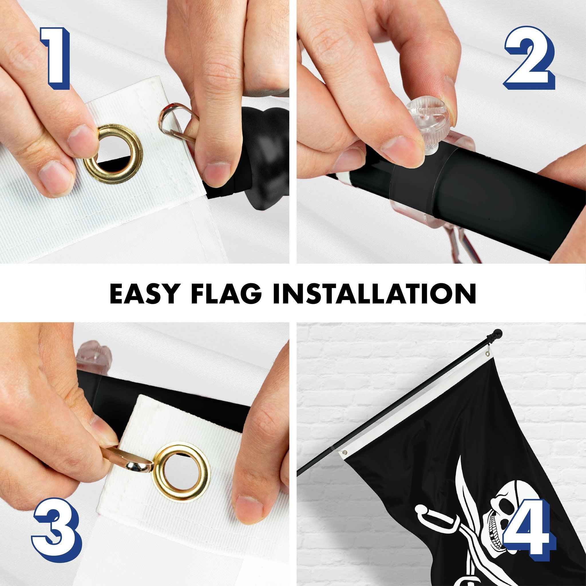 G128 Combo Pack: Flag Pole 6 FT Black Tangle Free & Pirate Jolly Roger Swords Flag 3x5ft 150D Printed Polyester