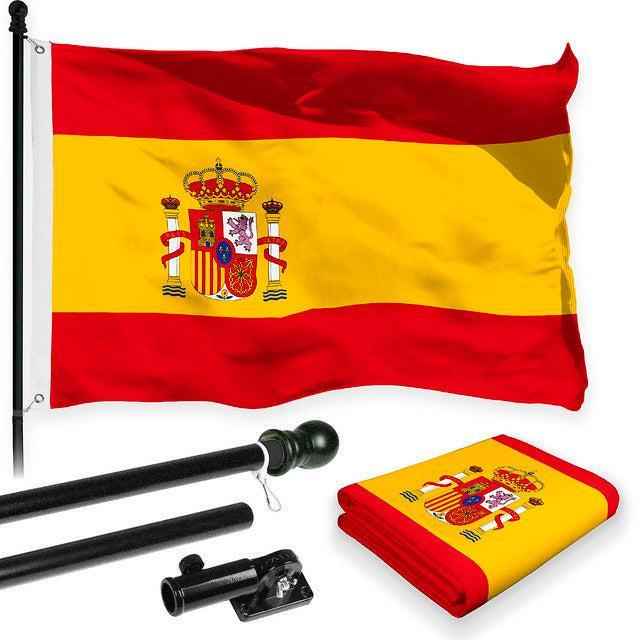G128 Combo Pack: 6 Feet Tangle Free Spinning Flagpole (Black) Spain Spanish Flag 3x5 ft Printed 150D Brass Grommets (Flag Included) Aluminum Flag Pole