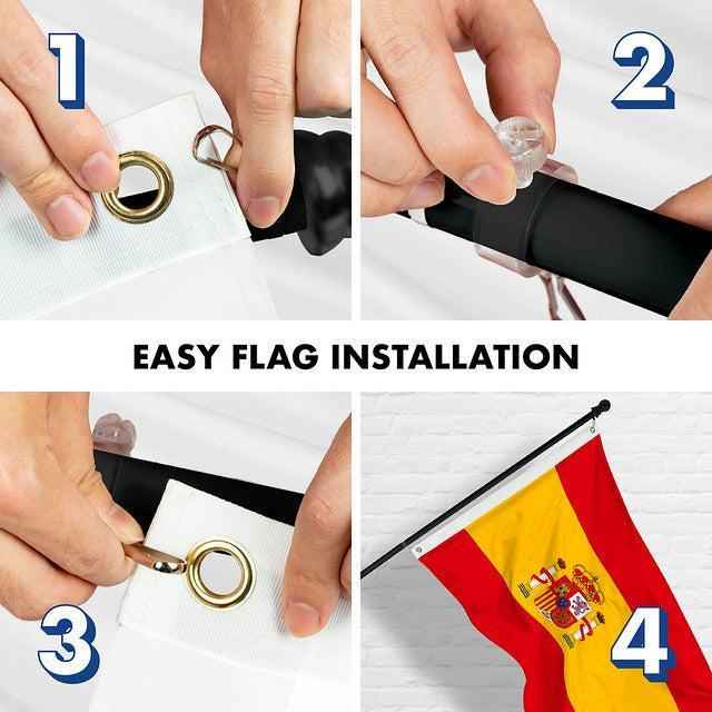 G128 Combo Pack: 6 Feet Tangle Free Spinning Flagpole (Black) Spain Spanish Flag 3x5 ft Printed 150D Brass Grommets (Flag Included) Aluminum Flag Pole