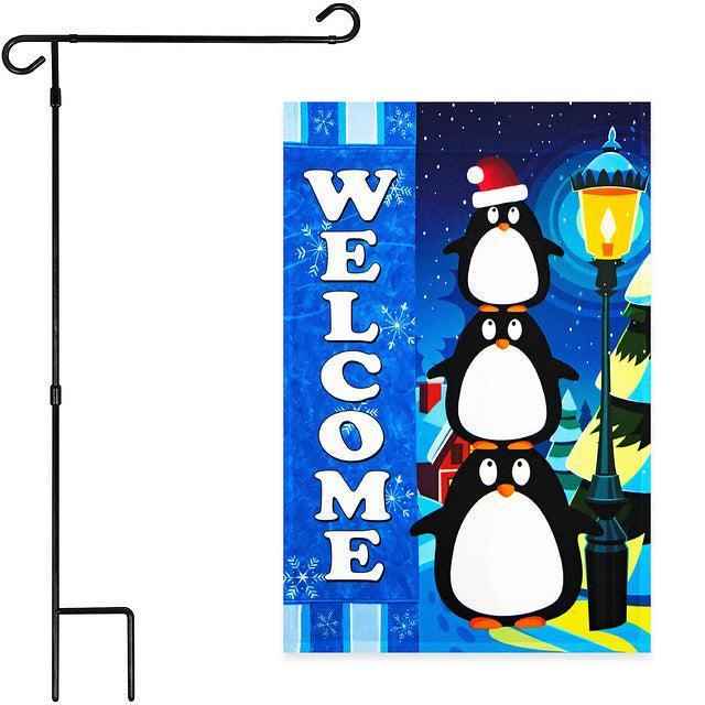 G128 Combo Pack: Garden Flag Stand Black 36x16 Inch & Garden Flag Welcome Three Penguins 12x18 Inch