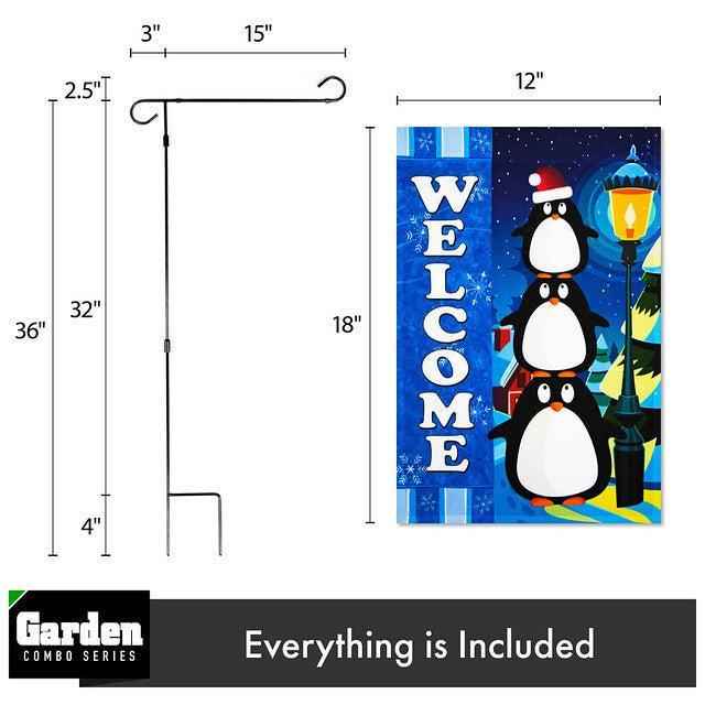 G128 Combo Pack: Garden Flag Stand Black 36x16 Inch & Garden Flag Welcome Three Penguins 12x18 Inch