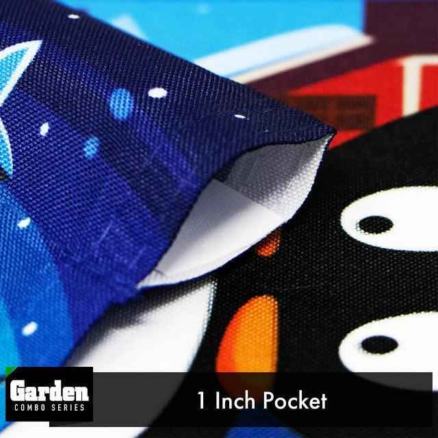 G128 Combo Pack: Garden Flag Stand Black 36x16 Inch & Garden Flag Welcome Three Penguins 12x18 Inch