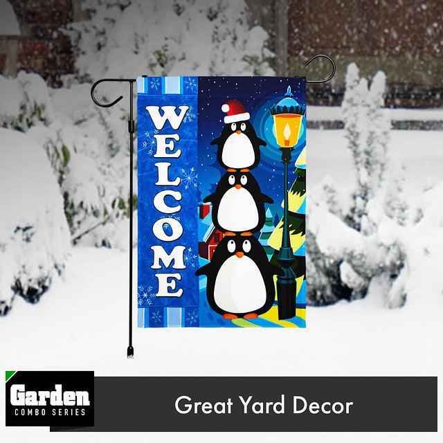 G128 Combo Pack: Garden Flag Stand Black 36x16 Inch & Garden Flag Welcome Three Penguins 12x18 Inch