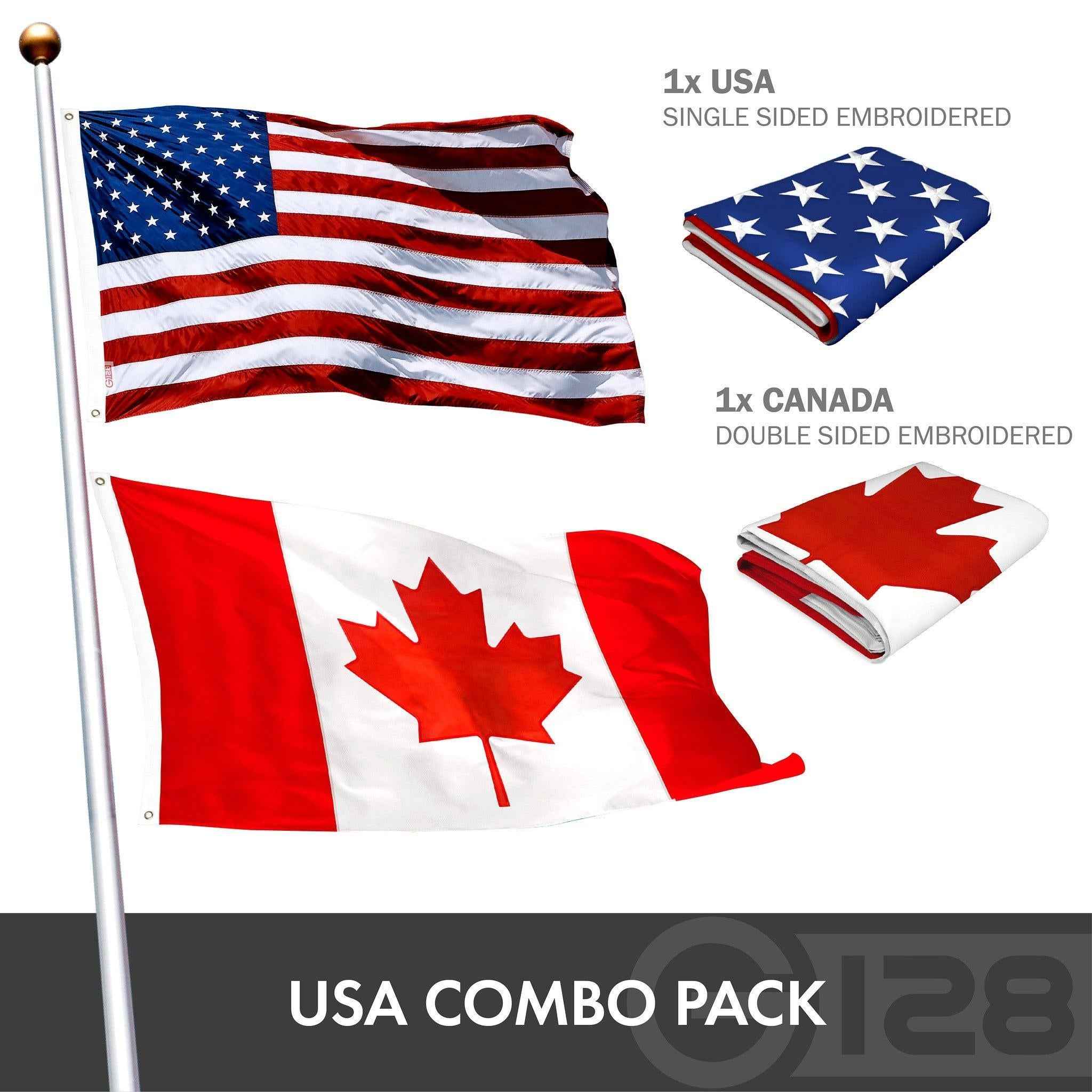 G128 Combo Pack: American USA Flag ToughWeave Series 6x10 Ft Single Sided & Canada Canadian Flag Double Sided 6x10 Ft Double ToughWeave Series | Both Embroidered Polyester, Brass Grommets
