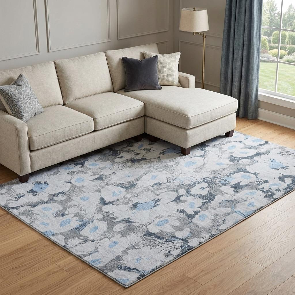 10' X 14' Denim Blue And Blue Floral Shag Washable Area Rug With UV Protection - Home & Garden