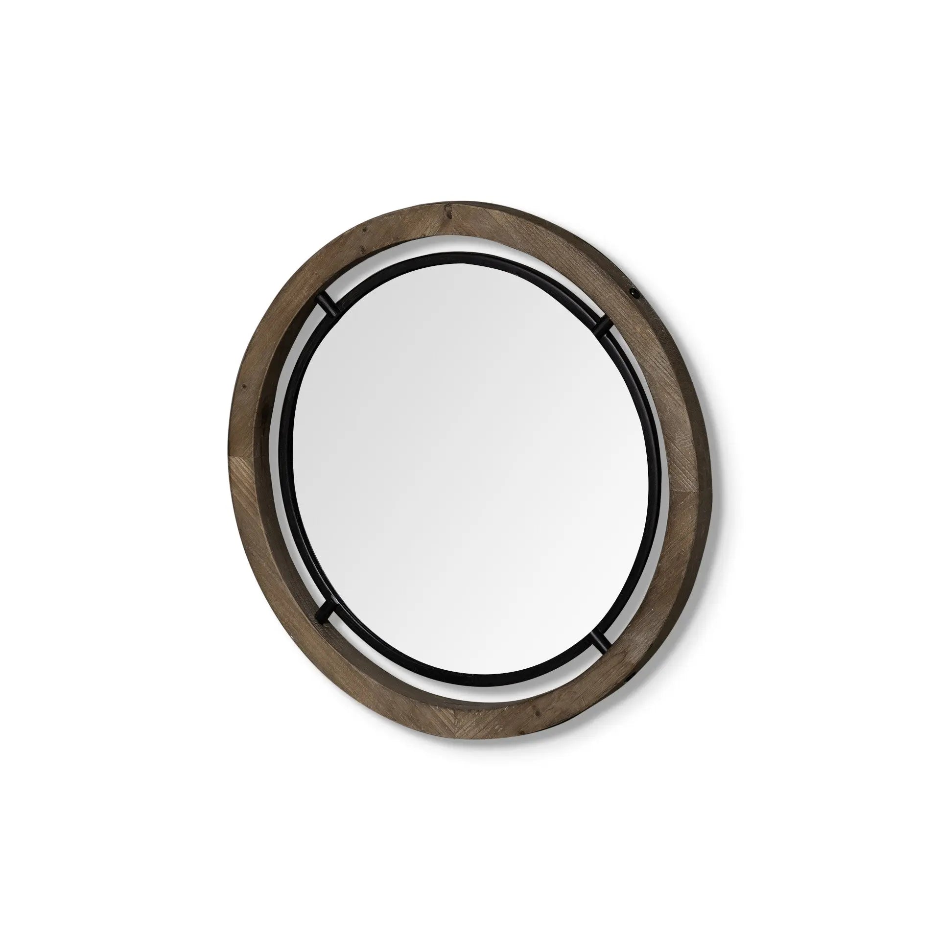 19" Black And Brown Metal And Solid Wood Round Geometric Framed Accent Mirror Homeroots Bed & Bath