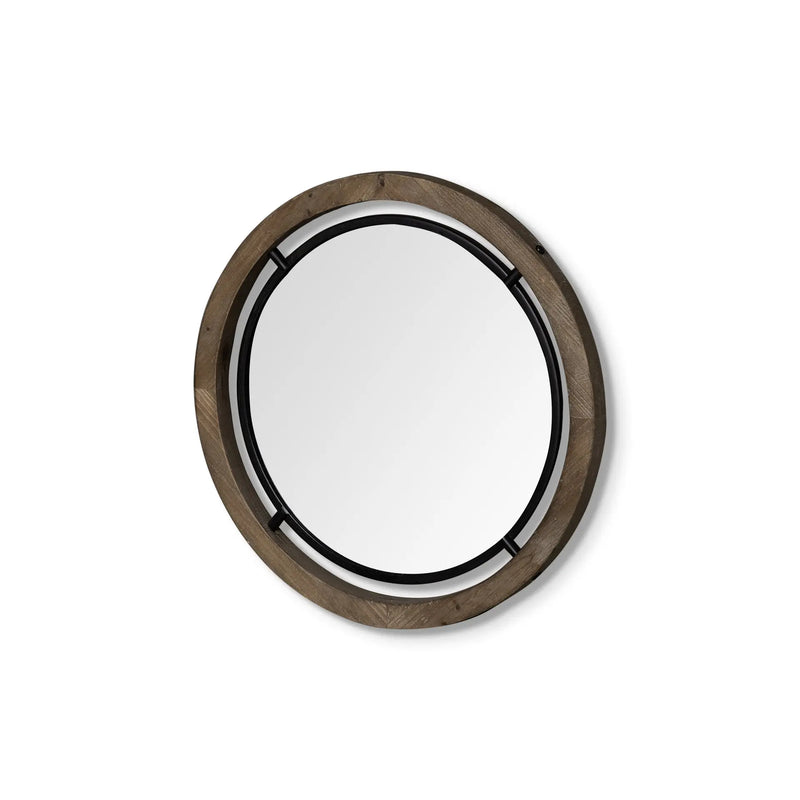 19" Black And Brown Metal And Solid Wood Round Geometric Framed Accent Mirror Homeroots Bed & Bath