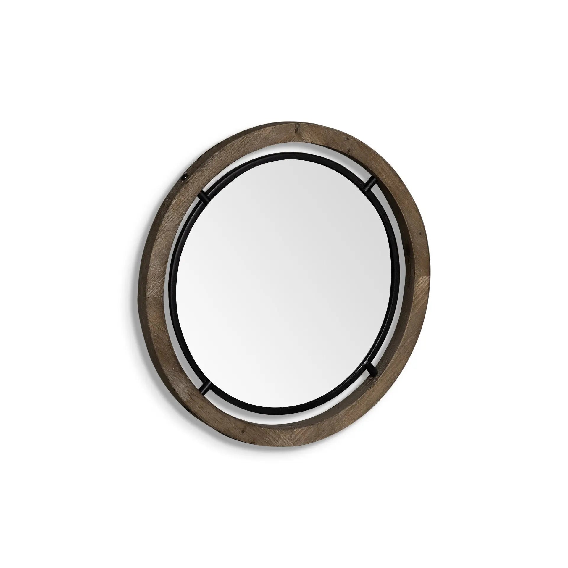19" Black And Brown Metal And Solid Wood Round Geometric Framed Accent Mirror Homeroots Bed & Bath