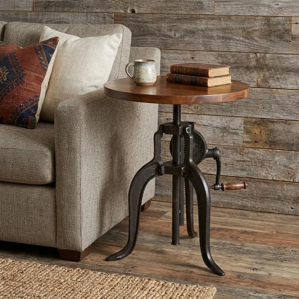 19" Black And Chestnut Solid Wood And Iron Height Adjustable Round End Table Homeroots Living Room