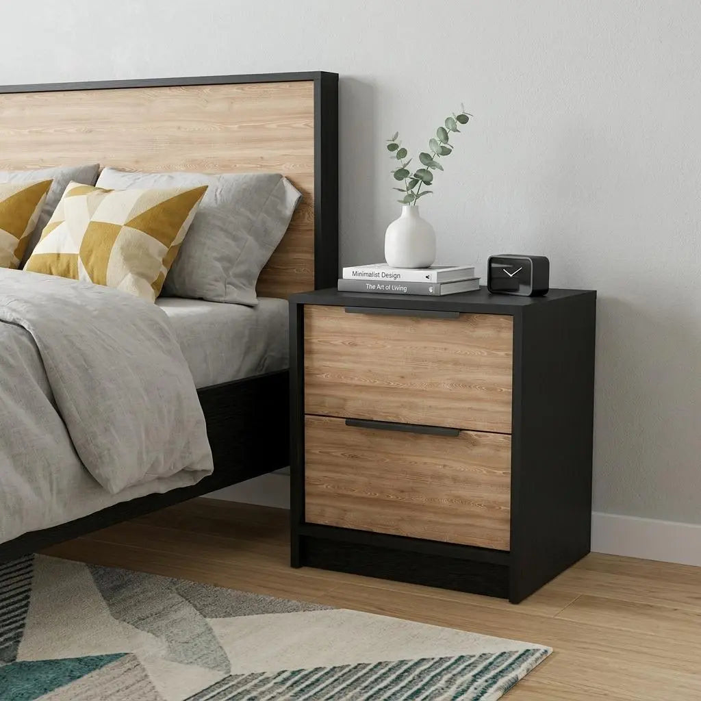 19" Black And Natural Wood Two Drawer Nightstand Homeroots Bed & Bath