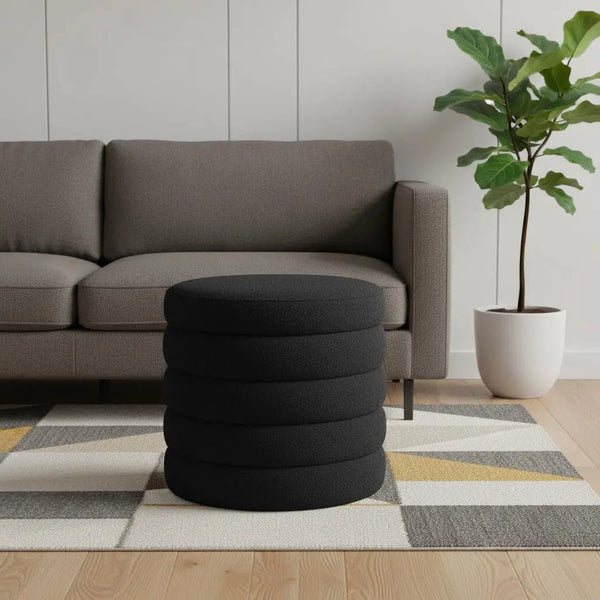 19" Black Boucle Round Storage Ottoman Homeroots Living Room