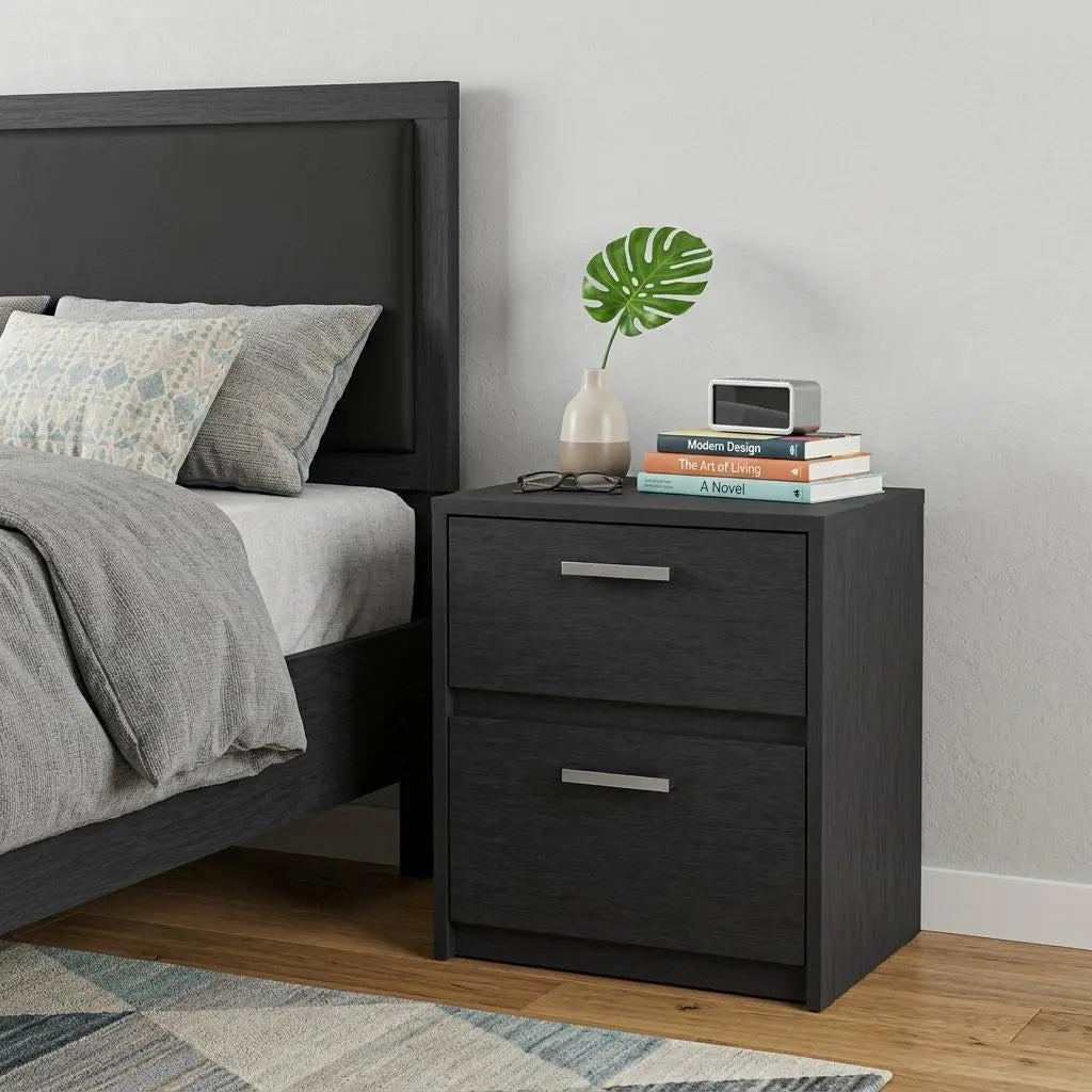 19" Black Wood Two Drawer Nightstand Homeroots Bed & Bath