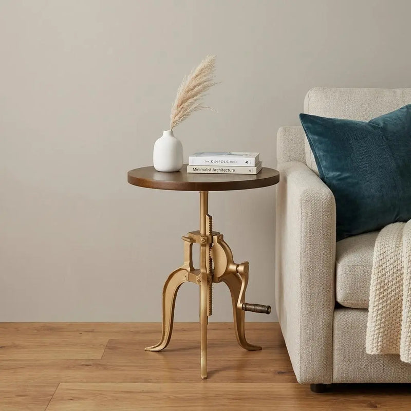 19" Brass Solid Wood And Iron Height Adjustable Round End Table Homeroots Living Room