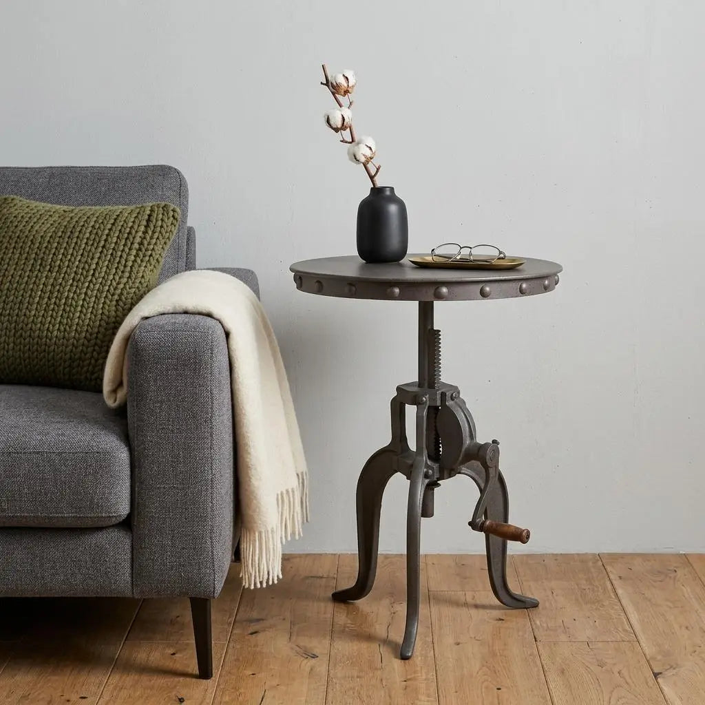 19" Gray Iron Height Adjustable Round End Table Homeroots Living Room