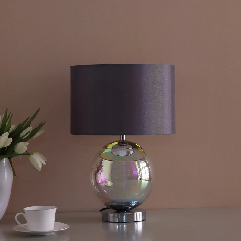 19" Iridescent Glass Globe Table Lamp With Gray Classic Drum Shade Homeroots Lighting