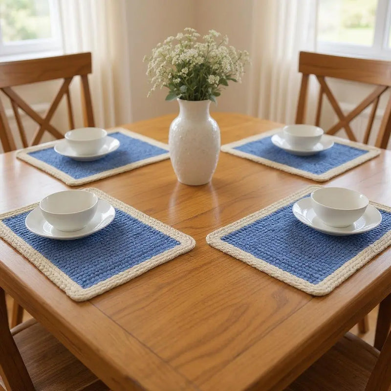 19" Set of Four Blue And Natural Solid With Border Cotton Placemats Homeroots Kitchen & Dining