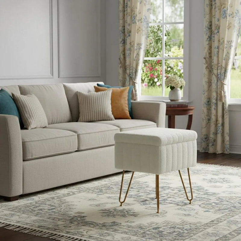 19" White and Gold Faux Fur Tufted Storage Ottoman Homeroots Living Room