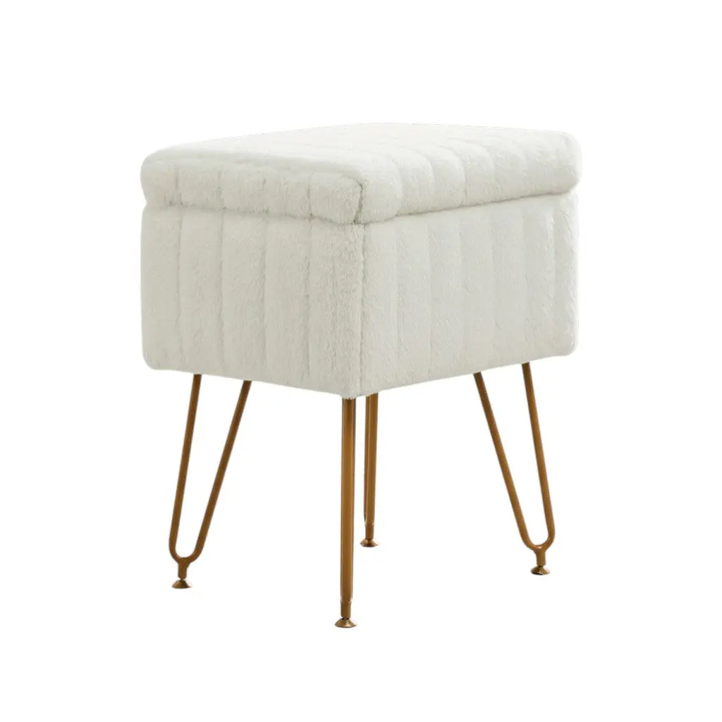 19" White and Gold Faux Fur Tufted Storage Ottoman Homeroots Living Room