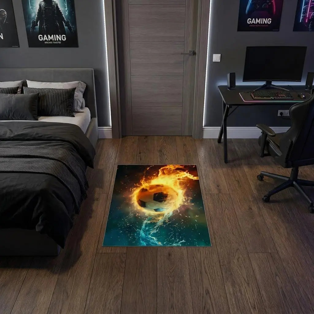 1' X 2' Black Blue And Red Flaming Soccer Washable Area Rug Homeroots Home Decor