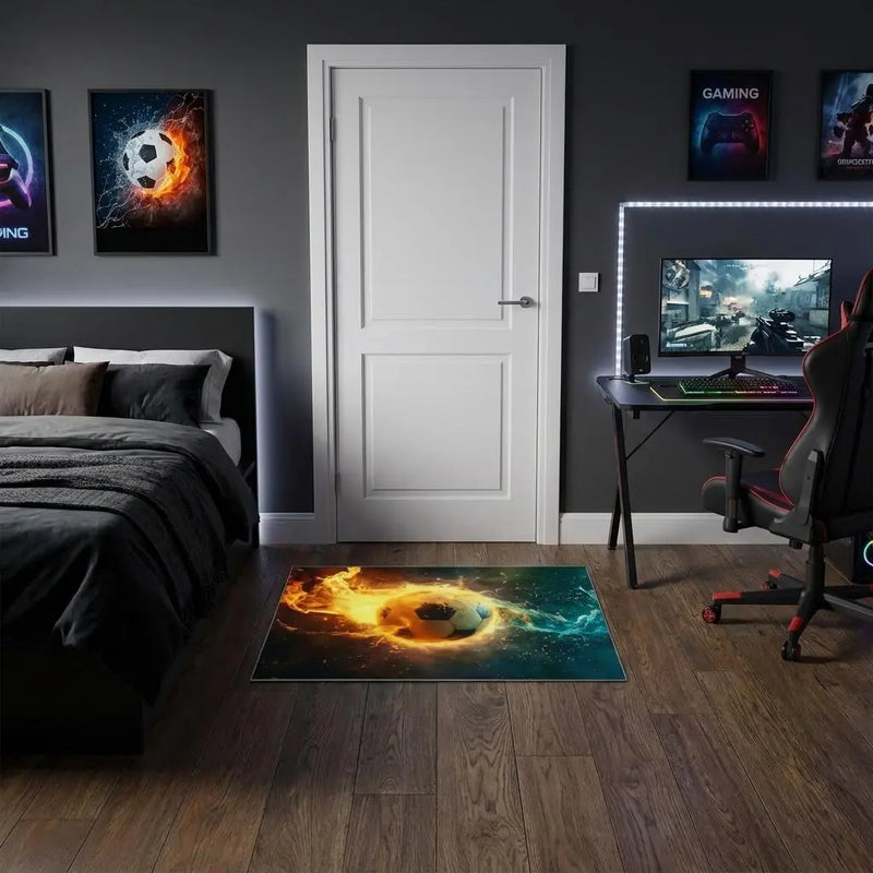 1' X 2' Black Blue And Red Flaming Soccer Washable Area Rug Homeroots Home Decor