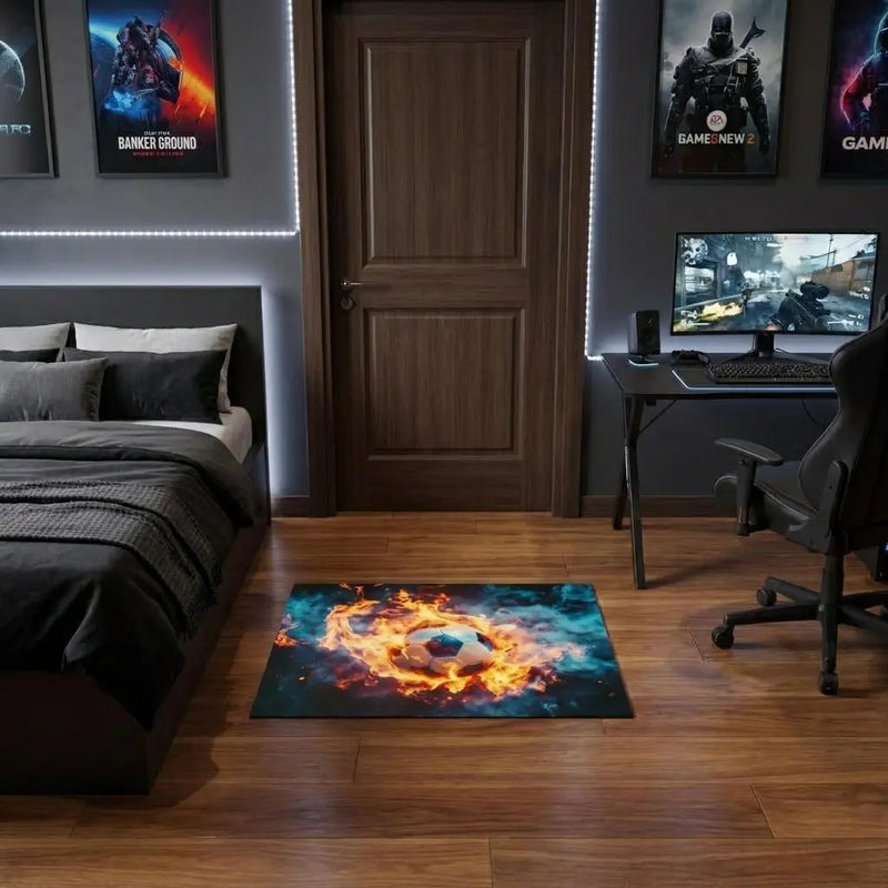 1' X 2' Black Orange And Blue Flaming Soccer Washable Area Rug With UV Protection Homeroots Home Decor