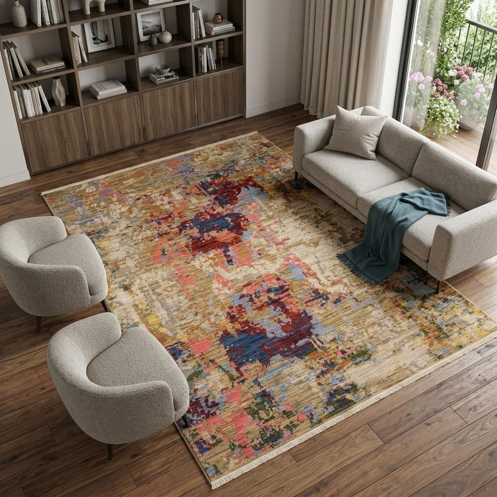 10' X 13' Beige Salmon And Tan Abstract Area Rug With Fringe - Home & Garden