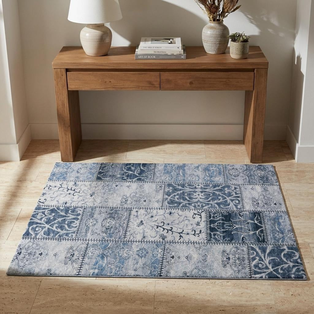 3' X 5' Denim Blue And Blue Floral Shag Washable Area Rug With UV Protection - Home & Garden
