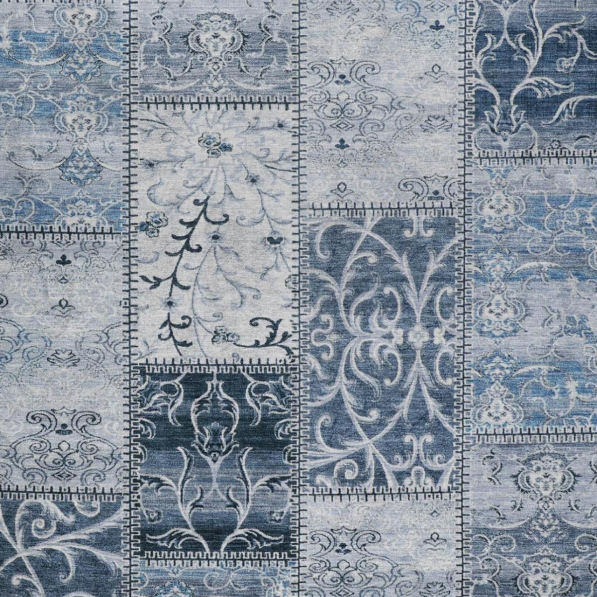 5' X 8' Denim Blue And Blue Floral Shag Washable Area Rug With UV Protection - Home & Garden