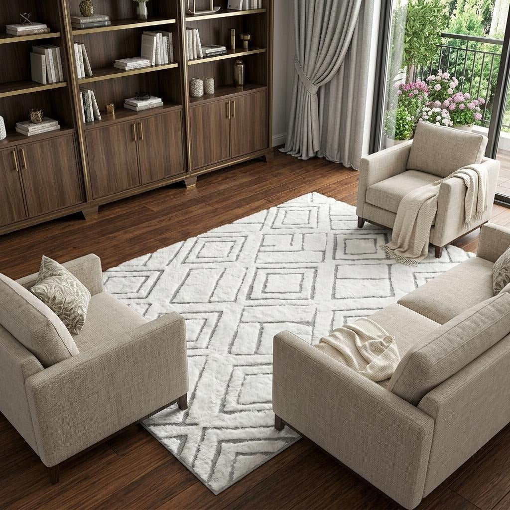 10' X 14' Ivory And Gray Geometric Shag Washable Area Rug With UV Protection - Home & Garden