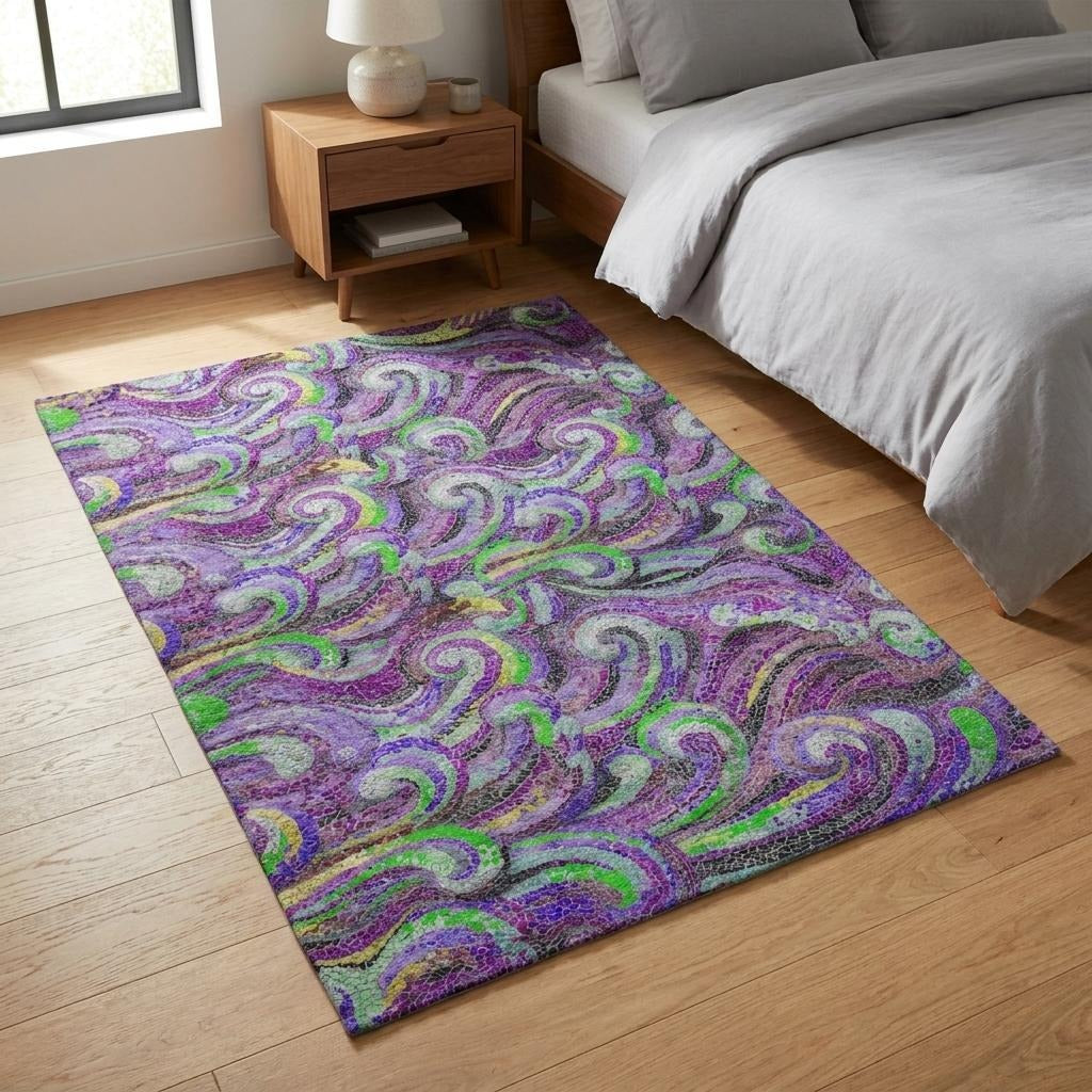 3' X 5' Purple And Violet Abstract Shag Washable Area Rug With UV Protection - Home & Garden