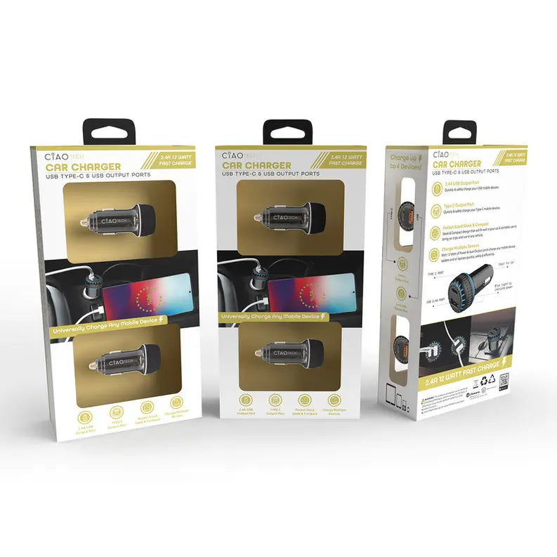 2 Pack Dual Port Car Charger- Type C & USB- Black CIAO Tech