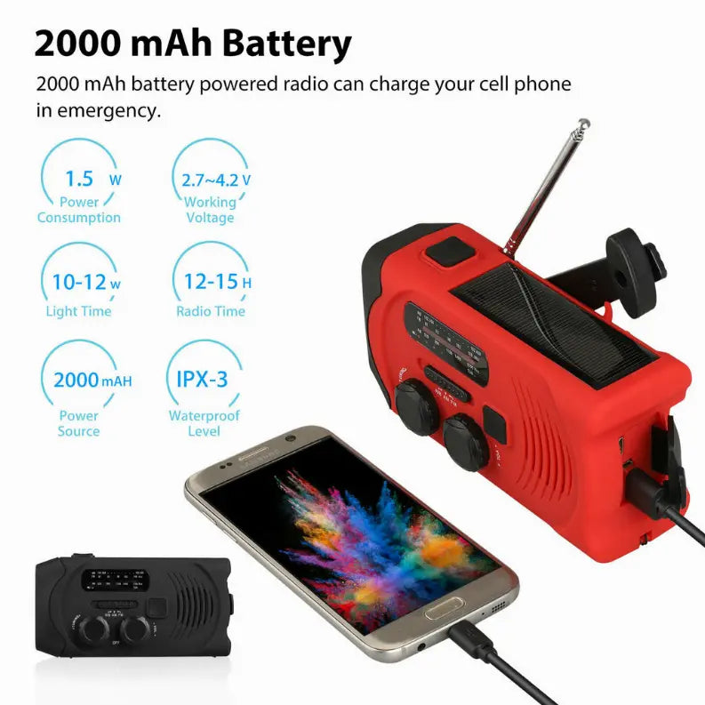 2000mAh Emergency LED Radio Solar Hand Crank AM/FM/NOAA Flashlight Phone Charger Vista Shops