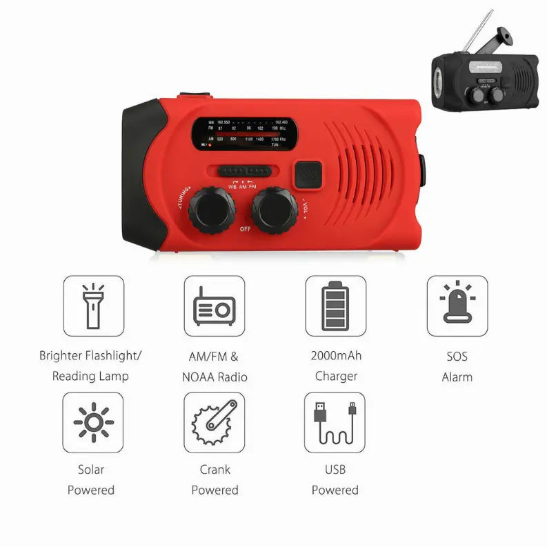 2000mAh Emergency LED Radio Solar Hand Crank AM/FM/NOAA Flashlight Phone Charger Vista Shops