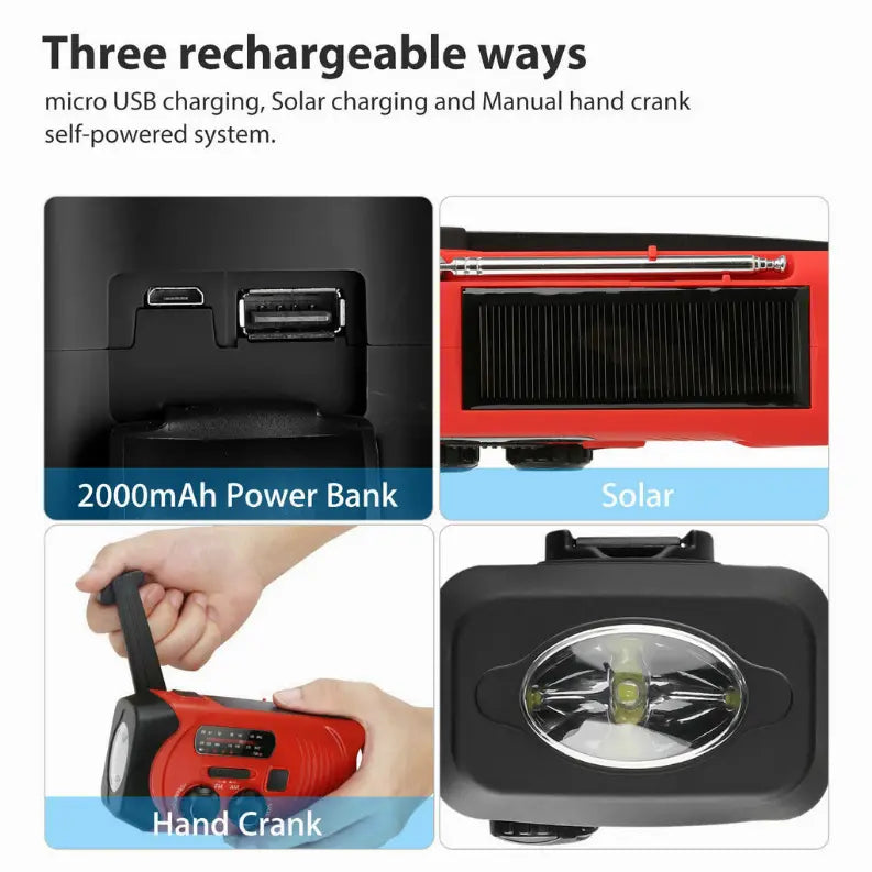 2000mAh Emergency LED Radio Solar Hand Crank AM/FM/NOAA Flashlight Phone Charger Vista Shops