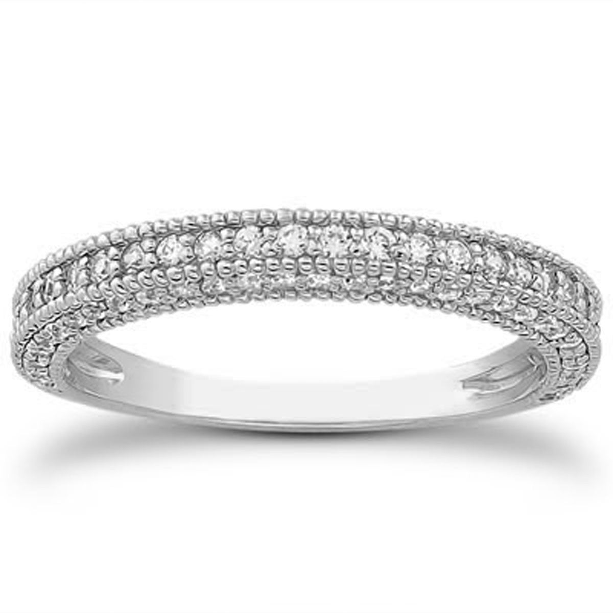 14k White Gold Fancy Pave Diamond Milgrain Textured Wedding Ring Band - 4 - Jewelry