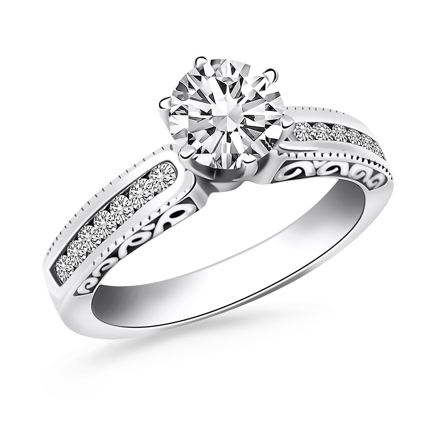 14k White Gold Channel Set Engagement Ring with Engraved Sides - 4 - Jewelry
