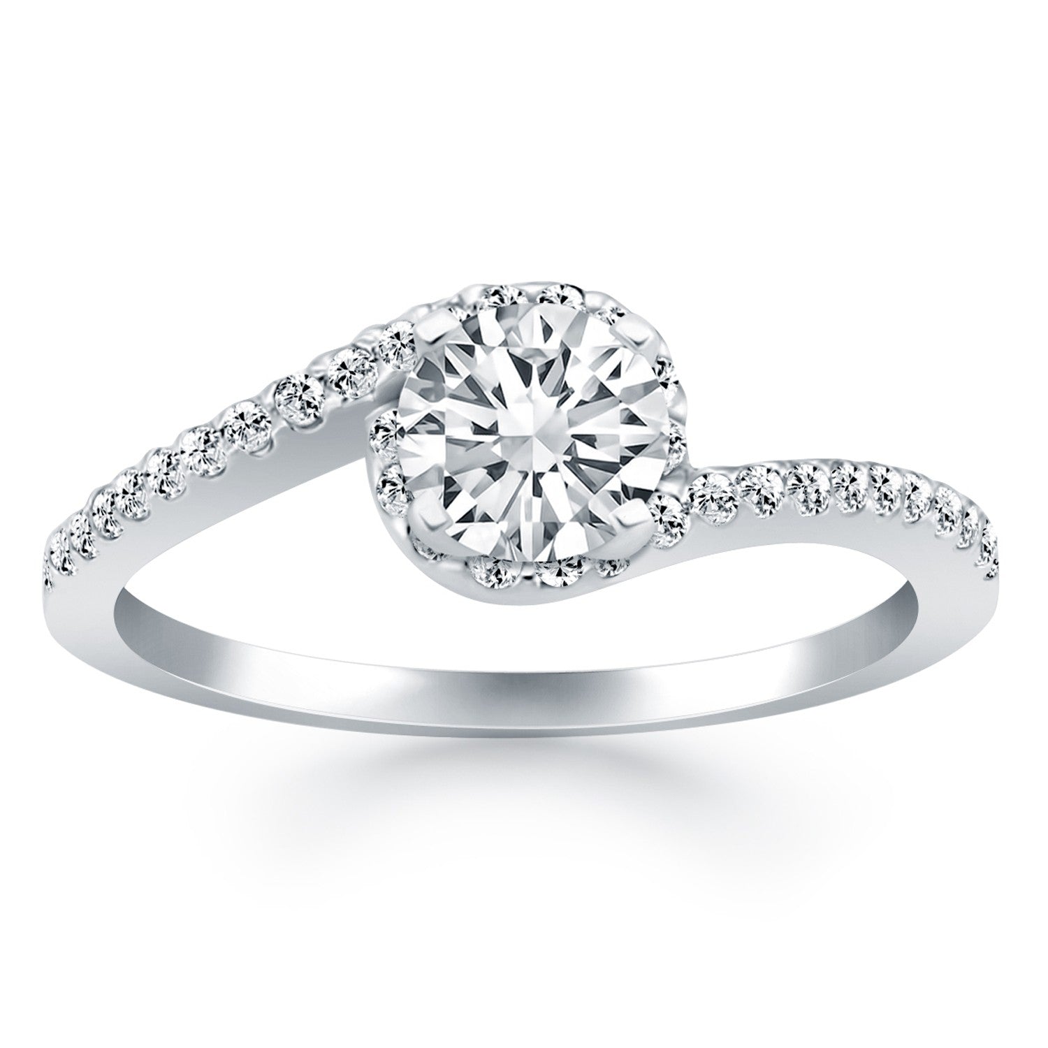 14k White Gold Bypass Swirl Diamond Halo Engagement Ring - 4 - Jewelry