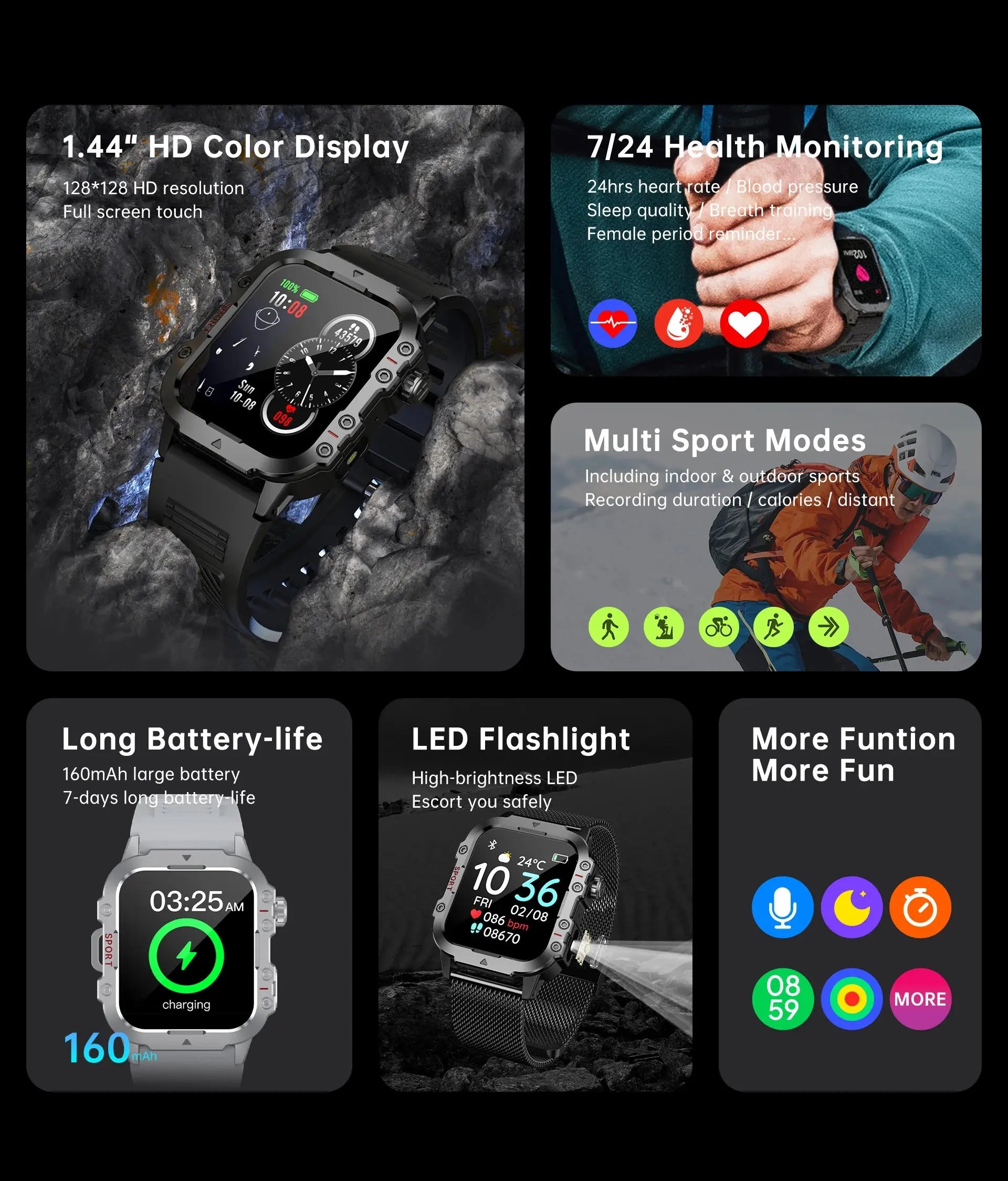 2024 Smart Watch Android Phone 1.44'' Inch Color Screen Bluetooth Call Blood Oxygen/Pressure Monitoring Smart Watch Women Men GreatEagleInc
