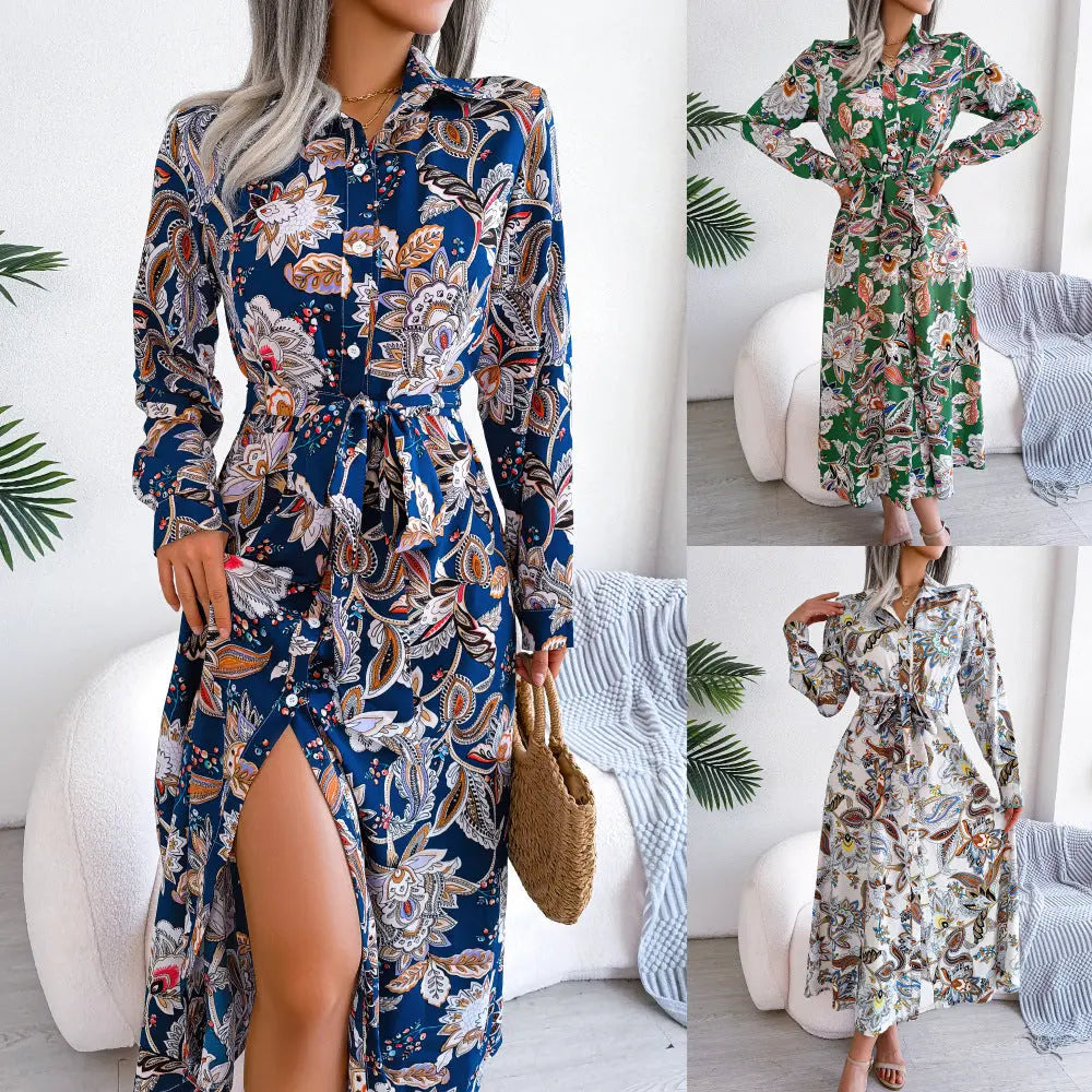 2026 Spring/Summer European and American Retro Floral Lapel Tie Shirt Dress Long Dress Amazon Cross-Border Women's Clothing GreatEagleInc