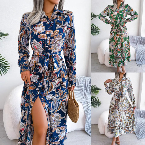 2026 Spring/Summer European and American Retro Floral Lapel Tie Shirt Dress Long Dress Amazon Cross-Border Women's Clothing GreatEagleInc