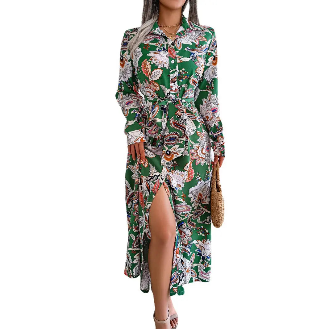 2026 Spring/Summer European and American Retro Floral Lapel Tie Shirt Dress Long Dress Amazon Cross-Border Women's Clothing GreatEagleInc